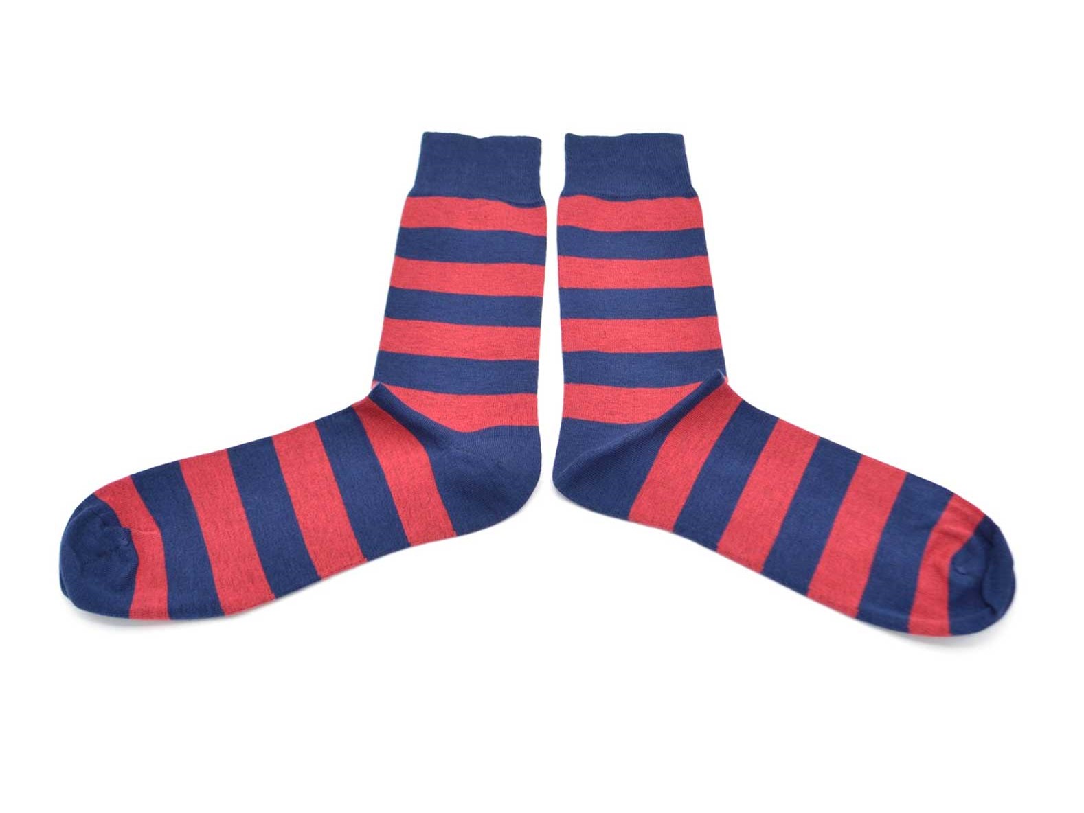 chaussettes-fantaisie-hommes-femmes-en-coton-rouge-foncé-à-rayures-bleues-remaillées-à-la-main